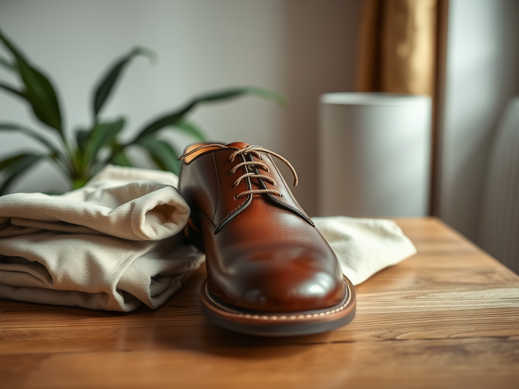 Een bruin leren schoen ligt op een houten tafel naast opgevouwen kleding en een groene plant op de achtergrond.